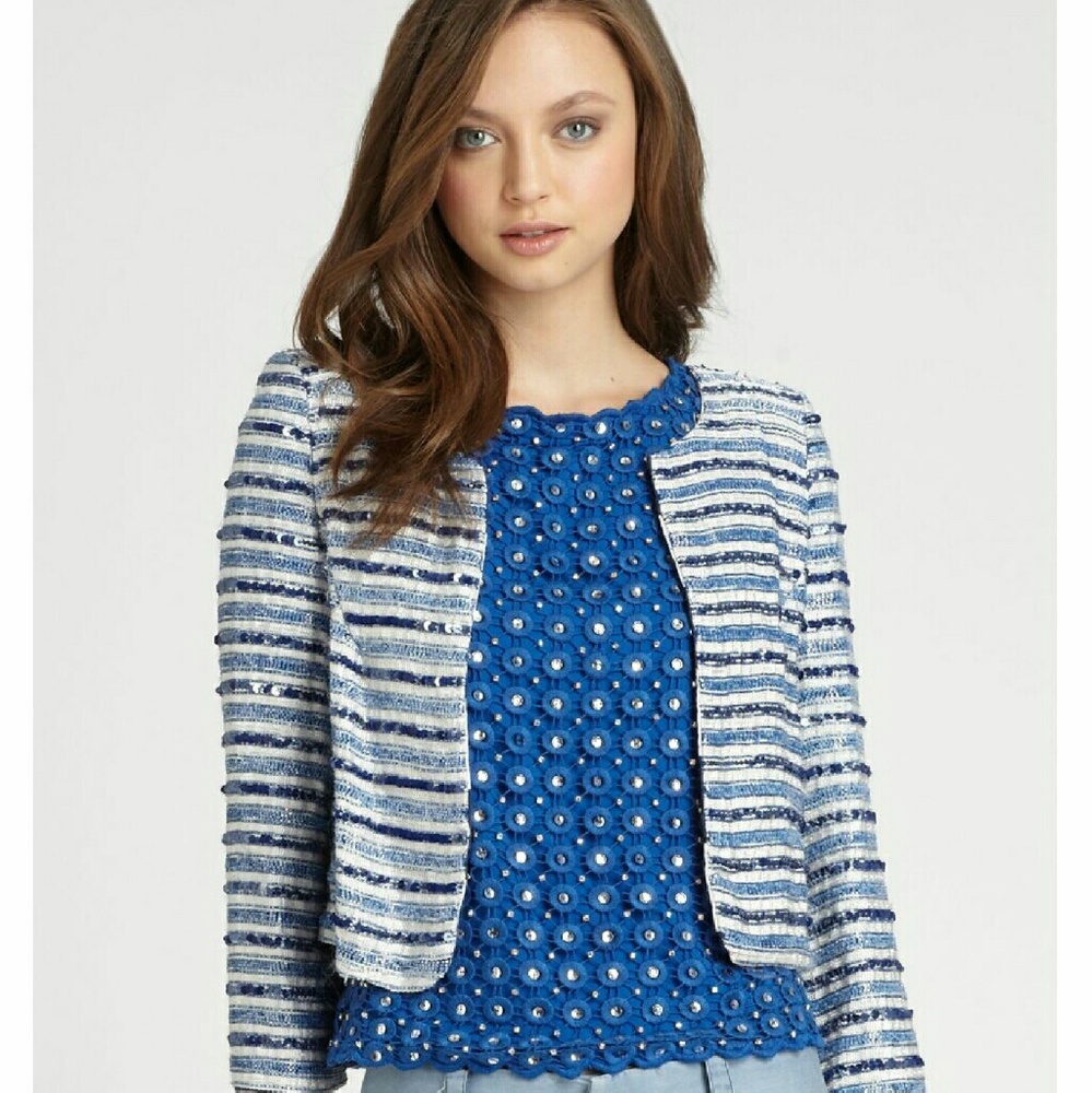 Alice + Olivia Blue and White Striped Tweed Blazer
